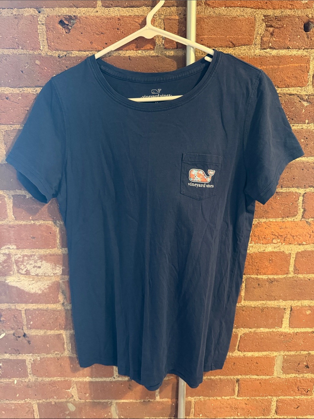 Vineyard Vines Navy Pocket Tee with Orange Whale Logo